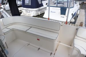 white and blue lining outdoor seating